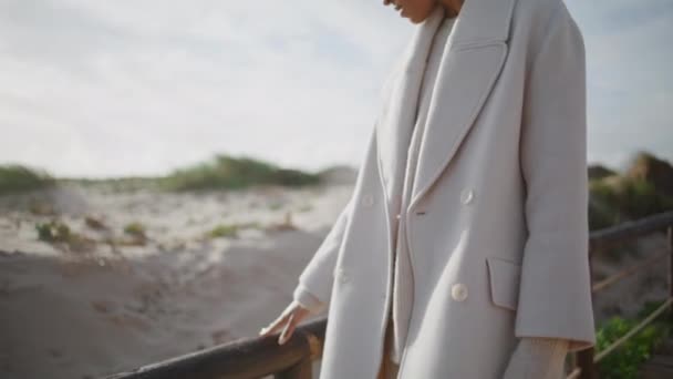 Дівчата Погладжують Поручні Пляжі Надійна Дівчина Яка Йде Пірсом Шукає — стокове відео