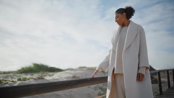 Меланхолійка Гуляє Пляжі Осінні Вихідні Чорне Волосся Жіноче Сумнівається Вирішенні — стокове відео