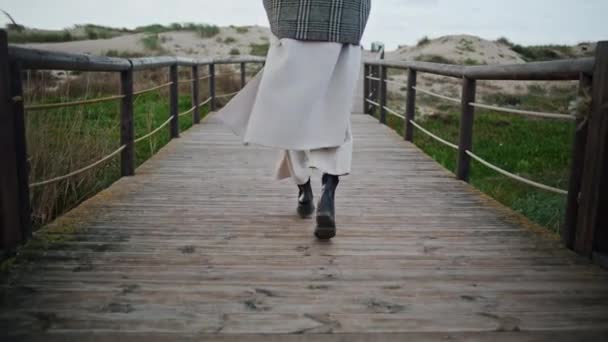 Stylish Legs Walking Wooden Pathway Casual Serene Woman Thinking Life — 图库视频影像