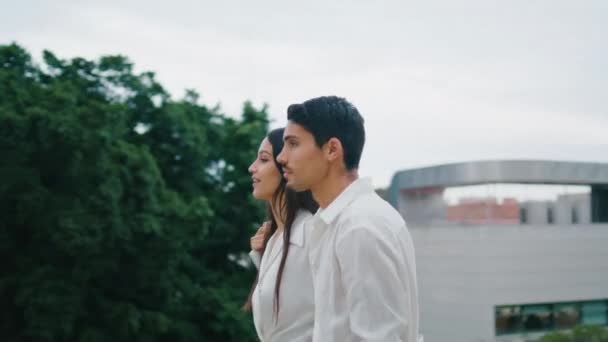 Sensual Man Embracing Woman Rooftop Affectionate Couple Enjoying Romantic Time — Stock Video