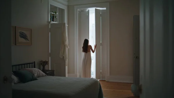 Young Woman Opening Blinds Home Morning Relaxed Girl Looking Window — Φωτογραφία Αρχείου