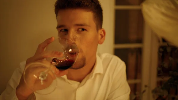 Handsome Man Tasting Wine Romantic Date Room Closeup Unshaven Guy — Stock Photo, Image