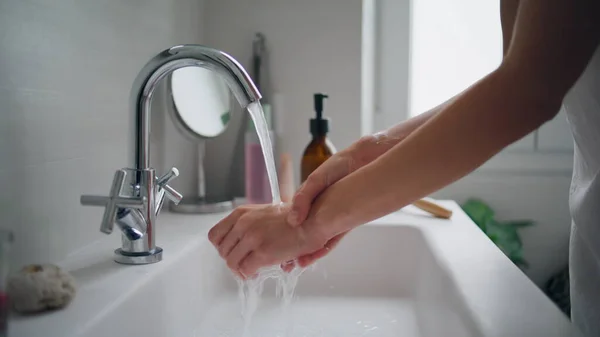 Girl Washing Hands Bathroom Sink Closeup Unknown Woman Rubbing Fingers — Stock Photo, Image