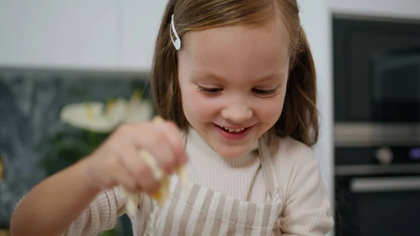 Laughing Kid Making Dough Home Portrait Little Smiling Girl Playing — стоковое фото