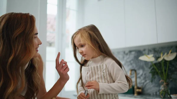 Laughing Mother Touching Daughter Nose Kitchen Close Attractive Woman Girl — Stock Photo, Image