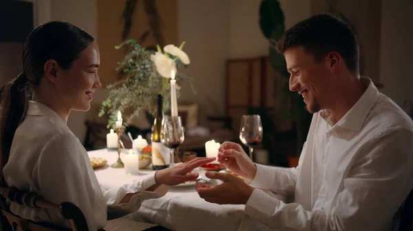 Happy Guy Wearing Engagement Ring Evening Room Loving Woman Saying — kuvapankkivalokuva