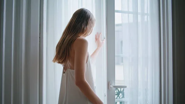Relaxed Woman Looking Window Morning Indoors Closeup Unrecognized Girl Peeping — Stockfoto