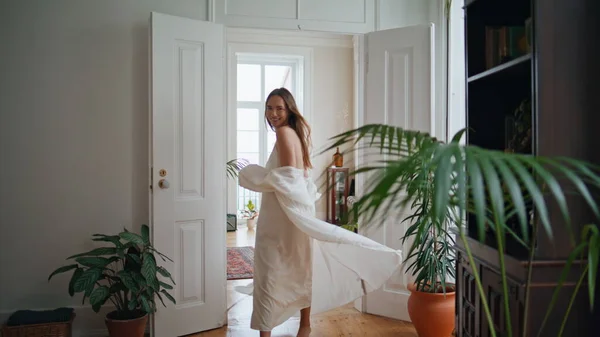 Active Woman Spinning Home Interior Smiling Lady Silk Pyjamas Having — Fotografia de Stock