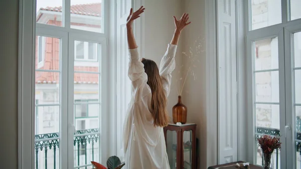 Relaxed Girl Stretching Arms Window Interior Closeup Calm Lady Greeting — 스톡 사진