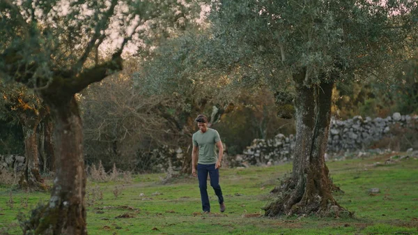 Serious Farmer Walking Olive Plantation Focused Worker Crossing Summer Evening — 스톡 사진