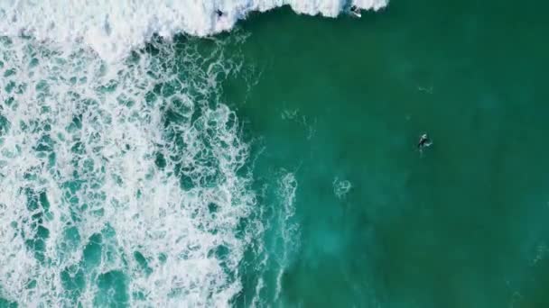 空中风景未知的冲浪者躺在冲浪板上等待海浪 极端冲浪者喜欢蓝绿色海洋慢动作的滑板 在热带海滩上翻滚的泡沫般的暴风雨般的水花 — 图库视频影像
