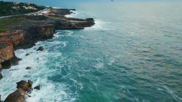 Drone View Rocky Seaside Scenery Stormy Rough Sea Waves Breaking — Stock Video