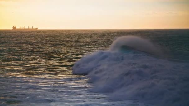 Kış Dalgaları Ağır Çekimde Dalgalanır Ufukta Gemi Siluetini Gezin Bulutlu — Stok video