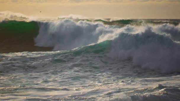 Dramáticas Tormentosas Olas Oceánicas Salpicando Día Soleado Paisaje Costero Extremo — Vídeos de Stock