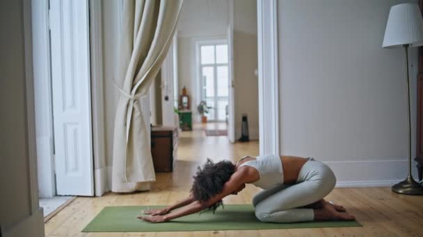 柔韧的女猫在室内练习姿势 在舒适的家 黑人皮肤女运动员弯腰在垫子上锻炼 正在做瑜伽的胖女人伸懒腰躺在家里 运动促进健康生活概念 — 图库视频影像