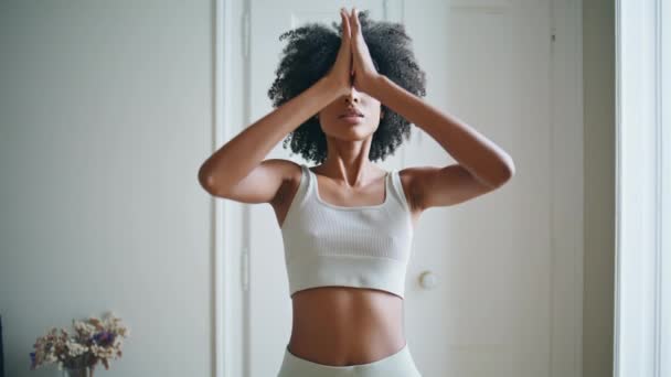 Peaceful Girl Practicing Yoga Indoor Closeup Focused Woman Meditating Namaste — Stock Video