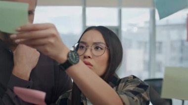 Endişeli çift, hipster ofis portresindeki çıkartmalara bakıyor. Yakın plan ciddi serbest çalışanlar cam tahtanın yanında çalışmayı tartışıyorlar. Panoramik pencereler dairesinde düzgün bir çözüm arayan odaklanmış başlatıcılar 