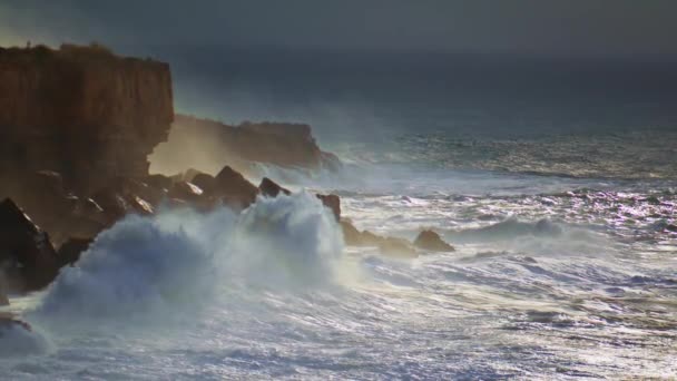 Powerful Ocean Hitting Cliffs Stormy Day Dramatic Waves Breaking Rocks — Stock Video