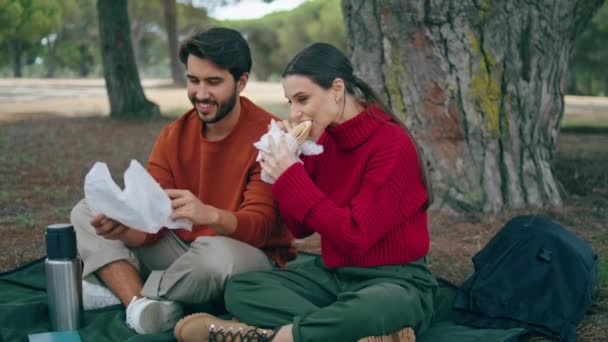 Alegre Pareja Feliz Comiendo Sándwiches Romántico Picnic Bosque Sonriente Pareja — Vídeos de Stock