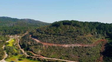 Yılan yolu ile kaplı harika yeşil tepeler. Açık mavi gökyüzünün altında, yüksek yamaçtaki yemyeşil yemyeşil, güzel bir hava manzarası. Muhteşem panorama dağları. Ağaçları hiç bitmeyen ağaçlarla kaplı..