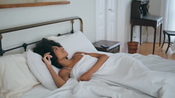 Sleepy Girl Awaking Bed African American Lady Taking Mobile Phone — Stock Video