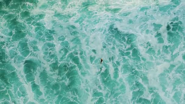 Top Widok Surfer Pływanie Desce Surfingowej Machanie Piankowych Fal Morskich — Wideo stockowe