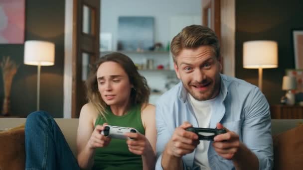 Losing Woman Hitting Husband Pillow Home Closeup Excited Man Gamer — Stock Video