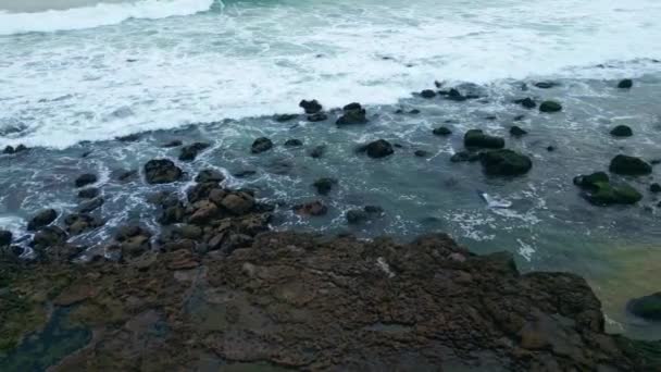 覆盖岩石海岸线的泡沫冲浪特写 白浪拍打着火山岩滩慢动作 大海沿着海岸破浪而过海鸟在沙滩上飞溅水 自然背景 — 图库视频影像