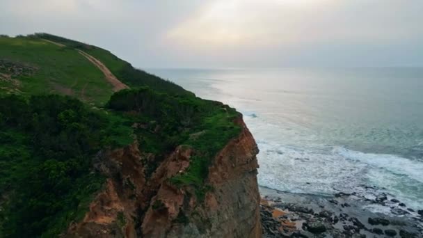 Çimenli Tepe Okyanus Manzaralı Drone Kasvetli Deniz Kıyısı Uçurum Doğa — Stok video