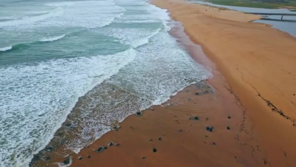 Sea Water Waves Foaming Sand Close Stormy Ocean Surf Washing — Stock Video