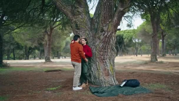 Cute Romantic Couple Standing Leaning Wide Tree Hugging Happy Loving — Stock Video