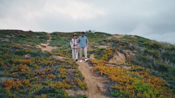 Entspanntes Touristenpaar Das Schöne Grashügel Den Händen Hält Glückliches Positives — Stockvideo
