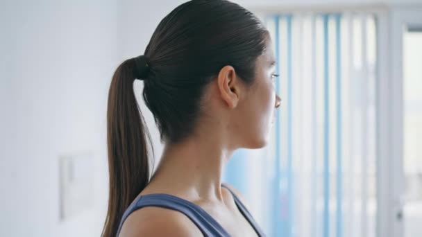 Closeup Athlete Woman Head Exercises Window House Calm Serene Girl — Stock Video