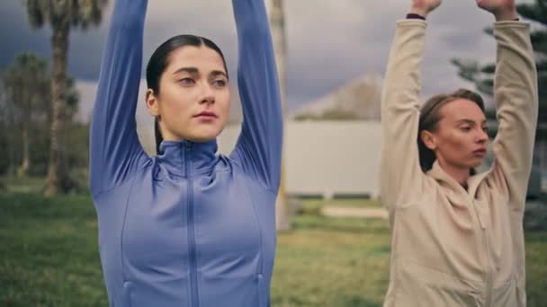 Lugn Bästisar Utövar Yoga Dyster Natur Närbild Lugn Avslappnad Yogini — Stockvideo