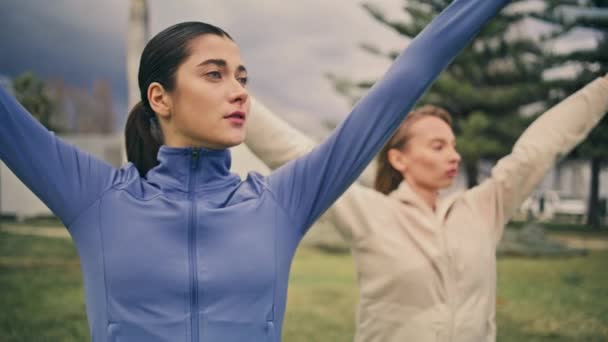 Empowered Ladies Morning Gymnastic Routine Closeup Focused Athlete Women Raising — Stock Video