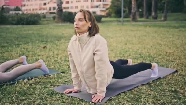 Chicas Yoguis Estirando Cuerpo Green Park Relajado Flexible Fitness Mujeres — Vídeo de stock