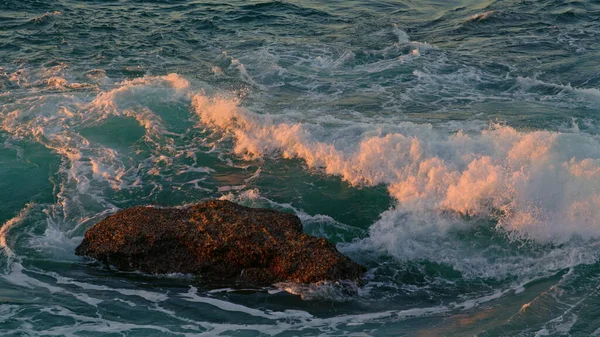Yüksek Dalgalar Güneş Işığında Koyu Kayaları Yuvarlıyor Taşlaşmış Okyanus Yüzeyi — Stok fotoğraf