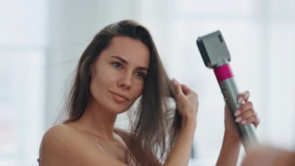 Morning Lady Styling Hair Using Hairdryer Bathroom Close Brunette Rested — Stock Video
