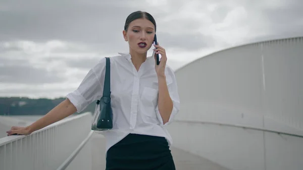 Stylish Busy Businesswoman Giving Phone Instructions Standing Street Front Cloudy — 스톡 사진