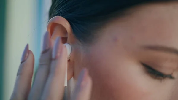 Attractive Woman Face White Wireless Earbud Ear Close Portrait Young — Foto de Stock
