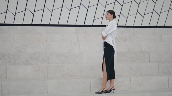 Elegant Business Lady Standing Front Modern City Building Wearing White — 图库照片