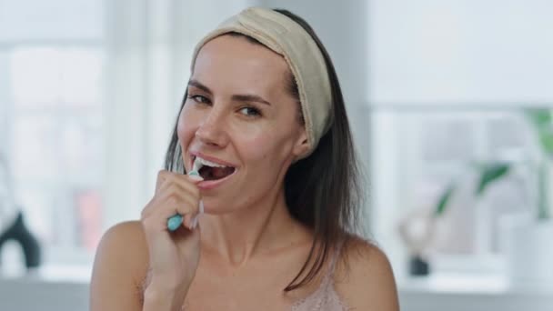波夫快乐的模特儿在浴室刷牙 让快乐的女人抱着牙刷在浴室里享受每天早上的牙齿护理 家常便饭的清新女士清洁牙齿的肖像 — 图库视频影像