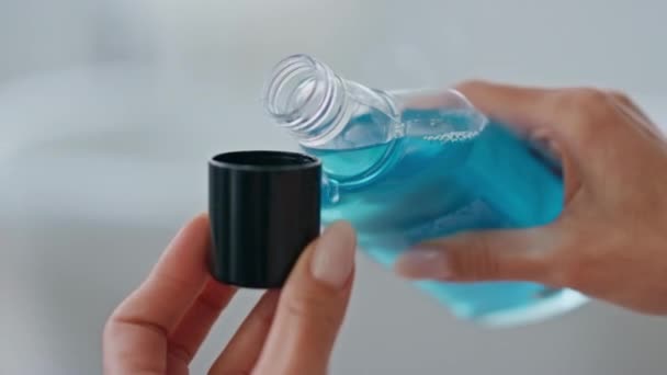 Woman Hands Pouring Mouthwash Cap Indoors Close Unknown Lady Holding — Stock Video