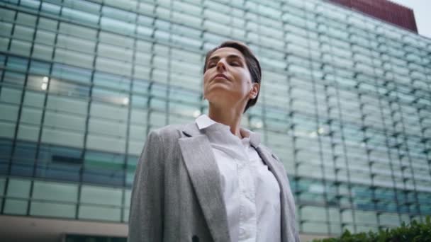 Successful Businesswoman Admiring Office Buildings Pensive Woman Executive Rest Enjoying — Stock Video