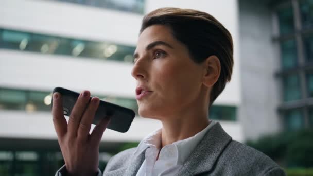 Corporate Executive Recording Voice Message Closeup Successful Woman Use Mobile — Stock Video