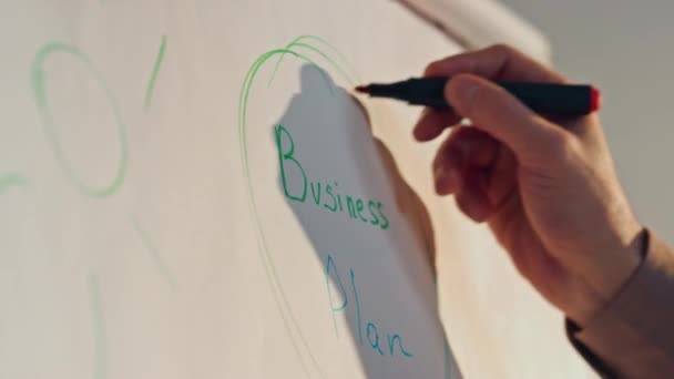 Бизнесмен Вручную Рисует Доске Маркером Представляя Креативную Идею Вблизи Неизвестный — стоковое видео