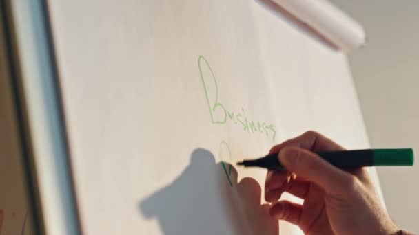 코치가 칠판에 글씨를 무명의 노동자 사무실 회의장에서 화이트보드에 창의적 아이디어를 — 비디오