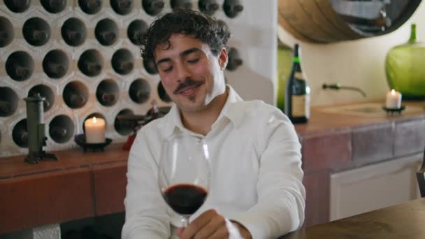 Pozytywny Uśmiechnięty Sommelier Mieszający Czerwone Wino Szklance Oceniający Kolor Przy — Wideo stockowe