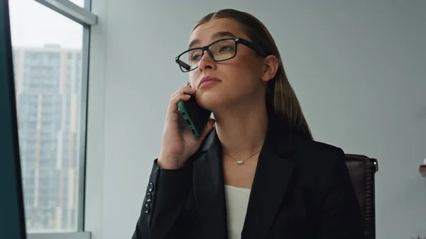 stock image Office woman talking phone with client closeup. Professional manager ceo working discussing marketing project with business partner. Confident businesswoman corporate employee consulting colleague.