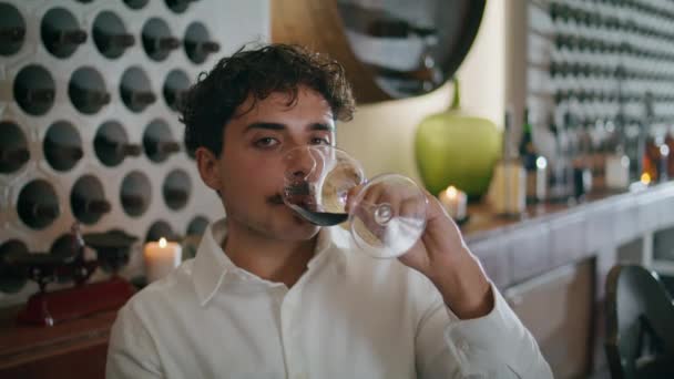 Confiado Sumiller Italiano Degustación Vino Tinto Elegante Copa Cerca Atractivo — Vídeo de stock